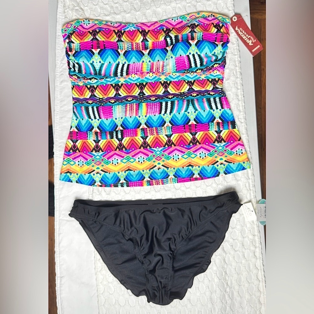 Convertible Bandeau Swimsuit Colorful Print‎ Tankini Cheeky Ruffle Bikini Bottom